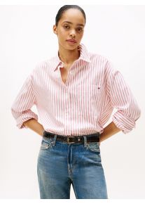 Hemdbluse Tommy Hilfiger "NEW POPLIN EASY SHIRT", Damen, Gr. 46, sile stp, medium rot, Web, Obermaterial: 100% Baumwolle, gestreift, Po-bedeckend, Blusen Hemdbluse
