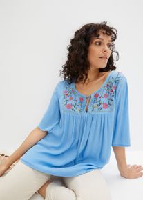Tunika bonprix, Damen, Gr. 50, blau (brilliantblau), Obermaterial: 100% Viskose, A-Linie, Tuniken Tunika, Casual Stil, A-Linie Passform, Kurzarm-Design, mit Stickerei