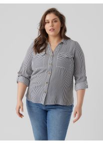 Hemdbluse Vero Moda CURVE "VMBUMPY L/S SHIRT NEW CURVE GA NOOS", Damen, Gr. 52, wei&szlig; (snow wei&szlig; stripes:india ink), Web, Obermaterial: 100% Viskose, gestreift, regular fit h&uuml;ftbedeckend, V-Ausschnitt, Blusen Hemdbluse