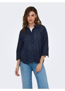Jacqueline de Yong Hemdbluse JDY "JDYTALLIE 3/4 LONG SHIRT WVN NOOS", Damen, Gr. M, schwarz (schwarz iris), Spitze, Obermaterial: 100% Baumwolle, unifarben, regular fit Po-bedeckend, angesetztes B&uuml;ndchen, Blusen Hemdbluse, mit Lochstickerei-Detail