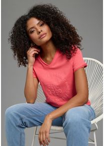 T-Shirt Laura Scott, Damen, Gr. 40/42, rosa (koralle), Sweatware, Obermaterial: 80% Baumwolle, 20% Polyester, bedruckt, figurbetont h&uuml;ftlang, V-Ausschnitt, geschnittene Kante, Shirts T-Shirt, mit V-Ausschnitt und geschnittener Kante, erhabener Frontprint