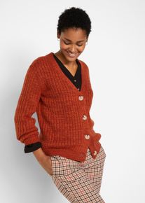 Strickjacke bonprix "Grobe Strickjacke mit recycelter Baumwolle", Damen, Gr. 48/50 (XL), braun (rostbraun meliert), Strick, Obermaterial: 47% Polyacryl, 36% Baumwolle, 17% Polyester, meliert, bequem normal, V-Ausschnitt, Rippb&uuml;ndchen, Strickjacken Strickjacke, bequeme Passform, melierte Optik, mit dekorativen Kn&ouml;pfen