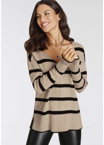 Streifenpullover Laura Scott, Damen, Gr. 48, beige (beige, schwarz, gestreift), Strick, Obermaterial: 50% Viskose, 28% Polyester, 22% Polyamid, gestreift, l&auml;ssig geschnitten h&uuml;ftlang, V-Ausschnitt, &Auml;rmel ohne &Auml;rmelschlitz Strickkante, Pullover Streifenpullover, softer &Uuml;bergangsstrick mit V-Ausschnitt in l&auml;ssiger Passform, Topseller