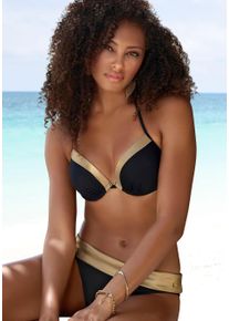 Push-Up-Bikini-Top Lascana "Elodie", Damen, Gr. 42, Cup B, gold (schwarz, goldfarben), Recycling-Polyamid, unifarben mit Farbeinsatz, Bikini-Oberteile Push-Up-Bikini-Top, mit trendigem Materialeinsatz