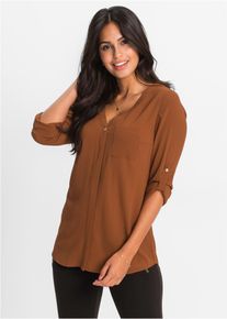 Longbluse bonprix "Longbluse", Damen, Gr. 40, braun (cognac), Obermaterial: 97% Polyester, 3% Elasthan, unifarben, V-Ausschnitt, mit Riegel, Blusen Longbluse, bequeme Passform, verdeckte Knopfleiste, unifarben, mit Brusttasche