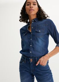 Jeansbluse bonprix, Damen, Gr. 46, blau, Denim/Jeans, Obermaterial: 100% Baumwolle, Abriebeffekte, unifarben, schmal normal, 1-Knopf-Manschette krempelbar, Blusen Jeansbluse, schmale Passform, aus reiner Baumwolle, mit Druckknopfleiste