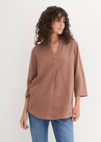 Langarmbluse bonprix "3/4-Arm Bluse mit Leinen", Damen, Gr. 50, braun (maronenbraun), Web, Obermaterial: 55% Leinen, 45% Viskose, unifarben, figurumspielend normal, Aufschlag, Blusen Langarmbluse, figurumspielende Passform, f&uuml;r vielseitige Alltagslooks