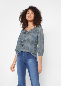 Tunikashirt bonprix "Shirt-Tunika 3/4-Arm, gestreift", Damen, Gr. 36/38 (S), blau (indigo gestreift), Web, Obermaterial: 100% Baumwolle, gestreift, loose fit normal, U-Boot-Ausschnitt, elastischer Bund, Shirts Tunikashirt, lockere Passform, 3/4-&Auml;rmel, mit Streifenmuster