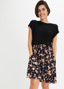 Midikleid bonprix, Damen, Gr. 52/54 (XXL), N-Gr, schwarz (schwarz, koralle gebl&uuml;mt), Obermaterial: 95% Viskose, 5% Elasthan, bequem, Kleider Midikleid, f&uuml;r femininen Look, Jerseykleid, aus Viskose-Mix, bequeme Passform