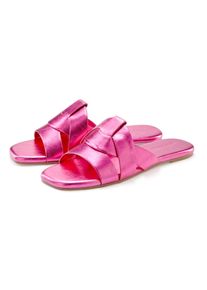 Pantolette Lascana "Mule, Sommerschuh, offener Schuh, Sandale", Damen, Gr. 40, Lederimitat, pink, Obermaterial: 100% Lederimitat. Decksohle: 100% Lederimitat. Futter: 100% Lederimitat. Laufsohle: 100% Synthetik, unifarben, Schuhe Pantolette, im modischen Metallic Look mit raffinierten Riemchen VEGAN