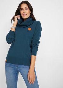 Strickpullover bonprix "Feinstrickpullover mit weitem Kragen", Damen, Gr. 48/50 (XL), blau (dunkelblau), Strick, Obermaterial: 70% Baumwolle, 30% Polyamid, unifarben, bequem normal, ohne Ausschnitt, Rippb&uuml;ndchen, Pullover Strickpullover, aus Baumwollmischung, weiter Rollkragen, mit kleinen Leder-Details