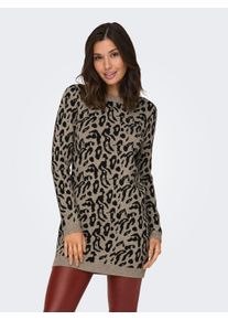 Strickkleid Only "ONLJENNI LS ANIMAL DRESS EX KNT", Damen, Gr. XL, N-Gr, braun (schwarz leo), Strick, Obermaterial: 50% Viskose, 27% Nylon, 23% Polyester, gemustert, regular fit ca. Mitte Oberschenkel, Rundhals, Kleider Strickkleid