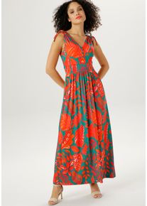 Sommerkleid Aniston SELECTED, Damen, Gr. 48, N-Gr, bunt (gr&uuml;n, rot, orange), Single Jersey, Obermaterial: 95% Viskose, 5% Elasthan, bedruckt, figurumspielend lang, V-Ausschnitt, Kleider Sommerkleid, mit breiten Tr&auml;gern zum Raffen, Topseller