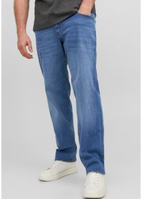 Jack & Jones PlusSize Tapered-fit-Jeans "JJIMIKE mit Abriebeffekten und funktionalen Taschen", Herren, Gr. 42, L&auml;nge 32, blau (blau denim), Denim/Jeans, Obermaterial: 76% Baumwolle, 22% Polyester, 2% Elasthan, JACK & JONES PLUSSIZE, Abriebeffekte, bequem lang, Jeans Tapered-fit-Jeans, mit Used-Optik