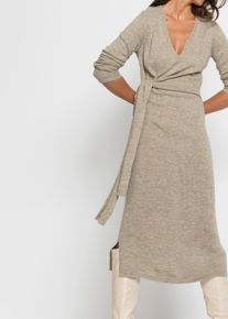 Strickkleid bonprix "Midi-Strickkleid", Damen, Gr. 36/38 (S), N-Gr, beige (beige meliert), Obermaterial: 90% Polyacryl, 10% Polyester, slim fit, V-Ausschnitt, Kleider Strickkleid, mit modernem Wickel-Design, aus Polyacryl und Polyester