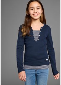 Langarmshirt Kangaroos "Ripp-Shirt in Lagenoptik", M&auml;dchen, Gr. 152/158, blau (marine), Feinripp, Obermaterial: 100% Baumwolle, geringelt, eng h&uuml;ftlang, V-Ausschnitt, Shirts Langarmshirt, modische Auschnitt-Details