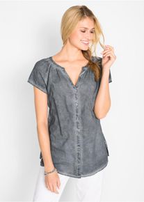 Kurzarmbluse bonprix, Damen, Gr. 46, grau (rauchgrau), Obermaterial: 100% Baumwolle, gerade, Blusen Kurzarmbluse, gerade Passform, A-f&ouml;rmiger Schnitt, aus reiner Baumwolle