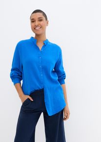 Langarmbluse bonprix "Musselin-Longbluse aus Baumwolle", Damen, Gr. 54, blau (azurblau), Obermaterial: 100% Baumwolle, oversize, Blusen Langarmbluse, Oversize-Passform, mit Seitenschlitzen, aus Musselin, Topseller