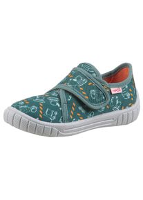 Hausschuh Superfit "BILL, WMS: mittel", M&auml;dchen, Gr. 32, bunt (olivgr&uuml;n, orange), Baumwolle, Schuhe Hausschuh, Klettschuh mit Klettverschluss, Gr&ouml;&szlig;enschablone zum Download