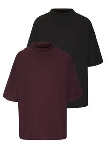 Kurzarmshirt Lascana "mit Stehkragen", Damen, Gr. 48/50, lila (aubergine, schwarz), Cr&ecirc;pe, Obermaterial: 97% Polyester, 3% Elasthan, unifarben, l&auml;ssig geschnitten, Shirts Kurzarmshirt, aus b&uuml;gelfreier Cr&ecirc;pe-Qualit&auml;t, Topseller