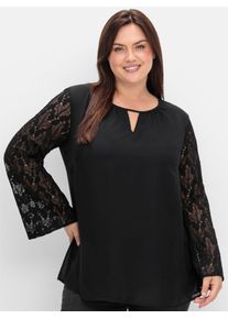 Longbluse sheego, Damen, Gr. 54, schwarz, 100% Polyester, unifarben, Rundhals, Blusen Longbluse
