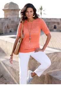 Ajourpullover Classic Basics "Ajour-Pullover", Damen, Gr. 40, orange (papaya), 100% Polyacryl, ethno, gemustert, gestreift, Pullover Ajourpullover