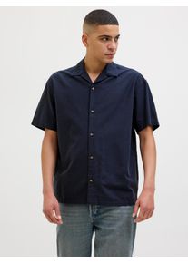 Jack & Jones Kurzarmhemd JACK & JONES "JJESUMMER RESORT SHIRT SS SN", Herren, Gr. M, N-Gr, blau (navy blazer), Web, Obermaterial: 83% Baumwolle, 17% Leinen, unifarben, relaxed fit taillenbedeckt, ohne Ausschnitt, gerader Abschluss, Hemden Kurzarmhemd, mit Resort Kragen