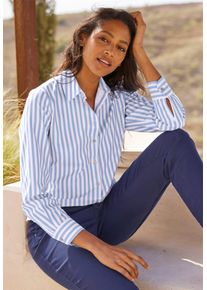 Hemdbluse Heine, Damen, Gr. 42, blau (eisblau, wei&szlig;, gestreift), 100% Baumwolle, gemustert, gestreift, mehrfarbig, V-Ausschnitt, Blusen Hemdbluse