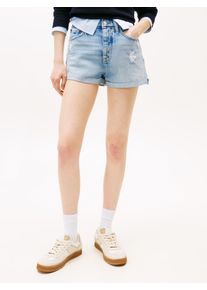 Jeansshorts Tommy Jeans "HOT PANT CBF CI8010", Damen, Gr. 34, N-Gr, blau (denim light), Denim/Jeans, Obermaterial: 82% Baumwolle, 18% Lyocell, unifarben, kurz, Jeans Jeansshorts, mit Destroyed Effekt