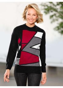 Rundhalspullover Classic Basics "Rundhals-Pullover", Damen, Gr. 46, bunt (schwarz, rot, gemustert), 98% Polyacryl, 2% Polyester, gemustert, mehrfarbig, Pullover Rundhalspullover