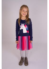 Midikleid happy girls, M&auml;dchen, Gr. 128, N-Gr, blau (navy), Jersey, Obermaterial: 95% Baumwolle, 5% Elasthan. Futter: 100% Polyester. Unterteil: 100% Polyester, bedruckt, regular fit, Rundhals, Kleider Midikleid