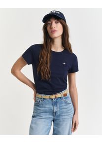 T-Shirt Gant "REG SHIELD KA T-SHIRT", Damen, Gr. S, blau (evening blau), Jersey, Obermaterial: 100% Baumwolle, unifarben, normal h&uuml;ftlang, Rundhals, abgesteppt, Shirts T-Shirt, mit einer kleinen aufgestickten Wappen-Grafik auf der Brust