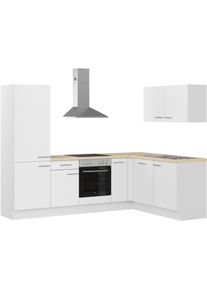 Winkelk&uuml;che IMPULS K&Uuml;CHEN "Tirana", Ausrichtung w&auml;hlbar, Schubk&auml;sten mit Soft-Close", wei&szlig; (k&uuml;che: wei&szlig;, front: wei&szlig;, korpus: wei&szlig;, arbeitsplatte: eiche, nachbildung hell), B:450cm H:206,2cm T:60cm, Komplettk&uuml;chen-Sets, Winkelk&uuml;che, vormontiert, wahlweise mit E-Ger&auml;ten, mit Vollauszug, Breite 265/185cm