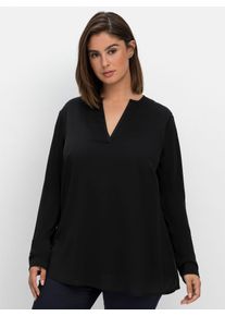 Longbluse sheego, Damen, Gr. 46, schwarz, 100% Polyester, unifarben, V-Ausschnitt, Blusen Longbluse