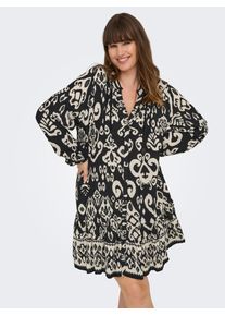 Sommerkleid Only CARMAKOMA "CARAJA LS DRESS WVN NOOS", Damen, Gr. 52, N-Gr, Langarm, Web, wei&szlig; (schwarz aop:wei&szlig;), Web, Obermaterial: 100% Viskose, bedruckt, loose fit, V-Ausschnitt, Kleider Sommerkleid