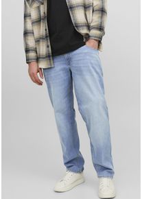 Jack & Jones PlusSize Tapered-fit-Jeans "JJIMIKE mit Abriebeffekten und funktionalen Taschen", Herren, Gr. 48, L&auml;nge 32, blau (blau denim), Denim/Jeans, Obermaterial: 76% Baumwolle, 22% Polyester, 2% Elasthan, JACK & JONES PLUSSIZE, Abriebeffekte, bequem lang, Jeans Tapered-fit-Jeans, mit Used-Optik