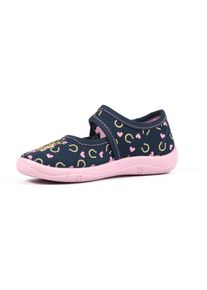 Hausschuh Richter, M&auml;dchen, Gr. 30, bunt (dunkelblau, rosa, pferdemotiv), Baumwolle, kontrastfarbene Details, Schuhe Hausschuh, Klettschuh, Kindergarten Schuh mit s&uuml;&szlig;em Print