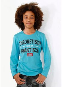 Langarmshirt Kidsworld "THEORETISCH KANN ICH PRAKTISCH ALLES", Jungen, Gr. 128/134, blau (t&uuml;rkis), Jersey, Obermaterial: 100% Baumwolle, bedruckt, Basic, Shirts Langarmshirt, Langarm, Basic-Passform, mit stylischem Druck, aus Baumwolle