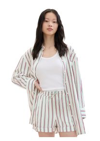 Longbluse Tom Tailor Denim, Damen, Gr. XS (34), bunt (multicolor vertical stripe), Web, Obermaterial: 55% Leinen, 45% Viskose, gestreift, oversize Po-bedeckend, ohne Ausschnitt, Umschlagbund, Blusen Longbluse, mit Streifenmuster