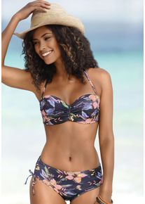 B&uuml;gel-Bandeau-Bikini-Top Lascana "Malia", Damen, Gr. 36, Cup D, grau (anthrazit, bedruckt), Microfaser, Microfaser, Polyamid, bedruckt, floral, Bikini-Oberteile B&uuml;gel-Bandeau-Bikini-Top, mit tropischem Print