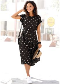 Midikleid Lascana, Damen, Gr. 38, N-Gr, beige (schwarz, sand, bedruckt), Web, Obermaterial: 100% Viskose, gepunktet, figurumspielend ca. Mitte Wade, Rundhals, Aufschlag, Kleider Midikleid, mit Punktedruck und Taschen, Sommerkleid, Topseller