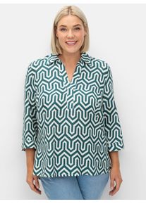 Longbluse sheego, Damen, Gr. 52, blau (petrol, gemustert), 100% Viskose, bedruckt, gemustert, mehrfarbig, V-Ausschnitt, Blusen Longbluse