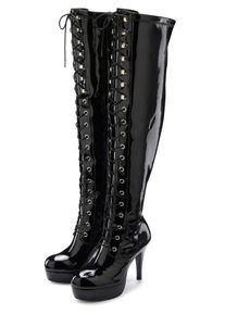 Overkneestiefel "High-Heel-Stiefelette zum Schn&uuml;ren", Damen, Gr. 41, Textil, schwarz, Obermaterial: 100% Lederimitat. Decksohle: 100% Lederimitat. Futter: 100% Textilmaterial. Laufsohle: 100% Synthetik, LASCANA Belle Affaire, gl&auml;nzend, unifarben, Schuhe Overkneestiefel, mit Rei&szlig;verschluss und Plateausohle, erotische Lack-Optik, Topseller