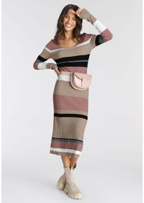 Strickkleid Laura Scott, Damen, Gr. 38, N-Gr, Langarm, Strick, rosa (beige, rosa, gestreift), Strick, Obermaterial: 70% Viskose, 30% Polyamid, gestreift, sehr figurbetont kniebedeckend, Rundhals, Kleider Strickkleid, in Midiform mit tollem Streifendesign
