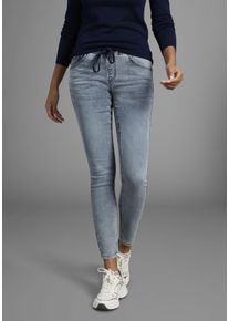 Stretch-Jeans Arizona, Damen, Gr. 52, N-Gr, blau (bleached), Jersey, Obermaterial: 59% Baumwolle, 40% Polyester, 1% Elasthan, Basic, bequem kn&ouml;chellang, Jeans Stretch-Jeans, weites Bein, normale Leibh&ouml;he, kn&ouml;chellang, mit Used-Waschung