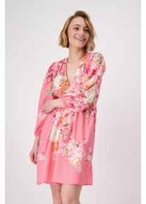 Druckkleid monari "Kleid Blumenverlauf allov.", Damen, Gr. 44, N-Gr, rosa (coral pink gemustert), Web, Obermaterial: 55% Baumwolle, 45% Modal, gebl&uuml;mt, gemustert, mehrfarbig, regular fit ca. Mitte Oberschenkel, V-Ausschnitt, eingesetzt elastischer Bund, Kleider Druckkleid, mit Blumenmuster