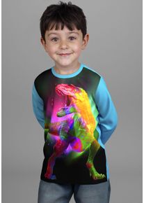 Langarmshirt Kidsworld "Dino-Shirt", Jungen, Gr. 140/146, blau (t&uuml;rkis), Single Jersey, Obermaterial: 100% Baumwolle. Obermaterial Vorderteil: 100% Polyester, bedruckt, Basic h&uuml;ftlang, Rundhals, Rippb&uuml;ndchen, Shirts Langarmshirt, Dino Fotodruck