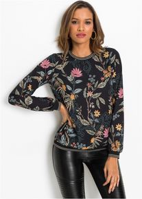 Langarmbluse bonprix, Damen, Gr. 50, schwarz (schwarz floral), Obermaterial: 100% Polyester. Einsatz: 97% Polyester, 3% metallisierte Fasern, loose fit, Blusen Langarmbluse, lockere Passform, aus Polyester, eleganter Stil