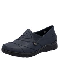 Slipper Rieker, Damen, Gr. 37, blau (nachtblau), Lederimitat, unifarben, Schuhe Slipper, Schlupfschuh, Halbschuh, Slip on mit Stretcheinsatz und Ziersteppung