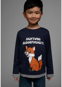 Langarmshirt Kidsworld "ACHTUNG AUSGEFUCHST", Jungen, Gr. 128/134, blau (marine), Jersey, Obermaterial: 100% Baumwolle. Einsatz: 85% Baumwolle, 15% Viskose, bedruckt, Basic, Shirts Langarmshirt, Shirt mit coolem Fuchsdruck